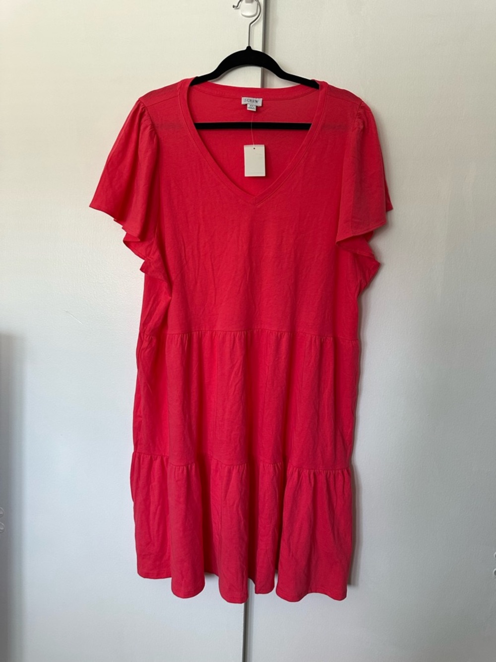 J Crew Women’s V-Neck Ruffle Sleeve Tiered Dress - Bright Pink new size 2x